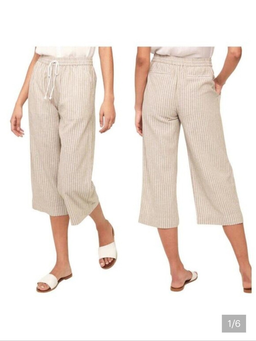 Beach*Lunch*Lounge, Linen Pinstriped Capri Pant w/Rope Drawstring Waist, M, EUC